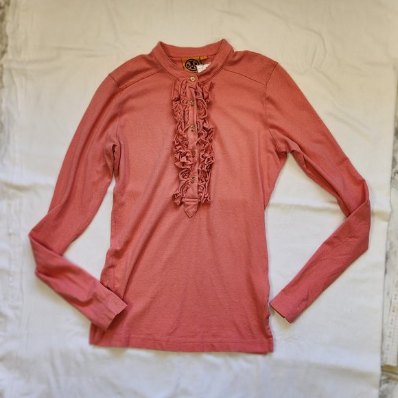 Tory Burch Long Sleeve Blouse Peach Pink Size Small Ruffle Gold Button Down - Picture 1 of 3